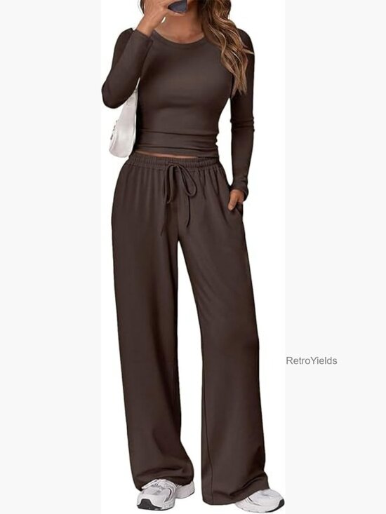 Pants - Coordinated Lounge Set - Long Sleeve Top & Wide Leg Pants